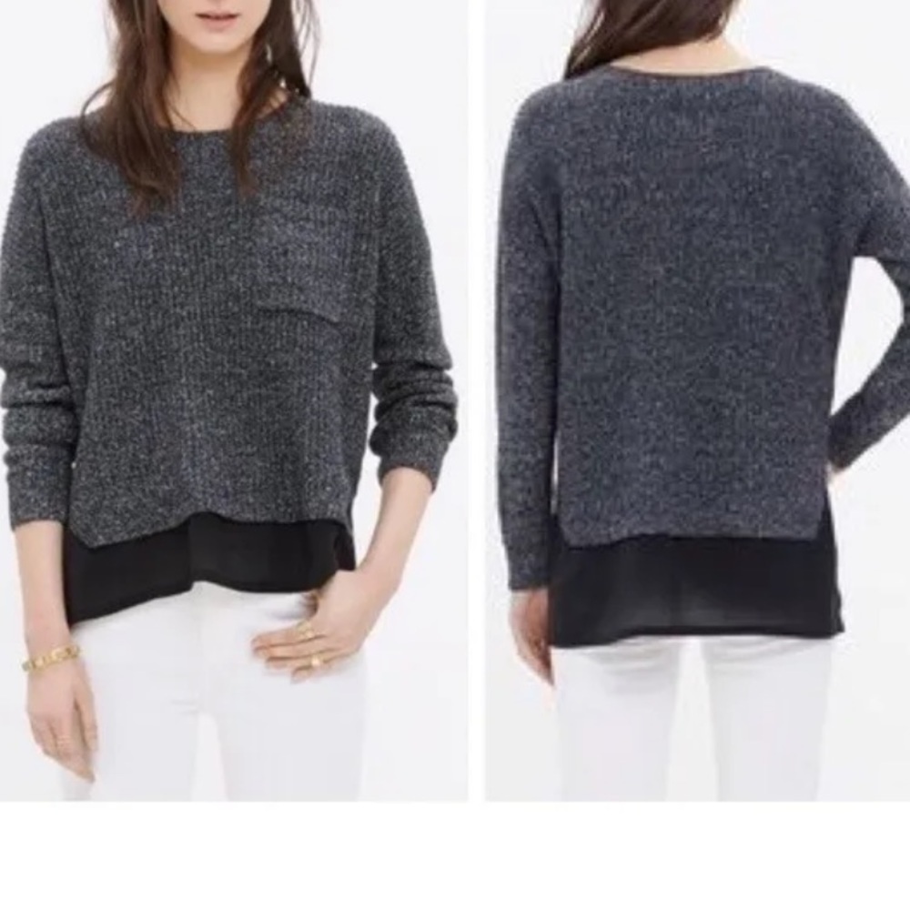 MADEWELL Womens S Sweater Alliance Gray Underlay Crewneck Silk Ribbed Pocket